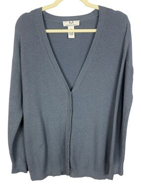 Magaschoni Cotton Cashmere Blend Dusty Blue Ribbed V-Neck Button Down Cardigan